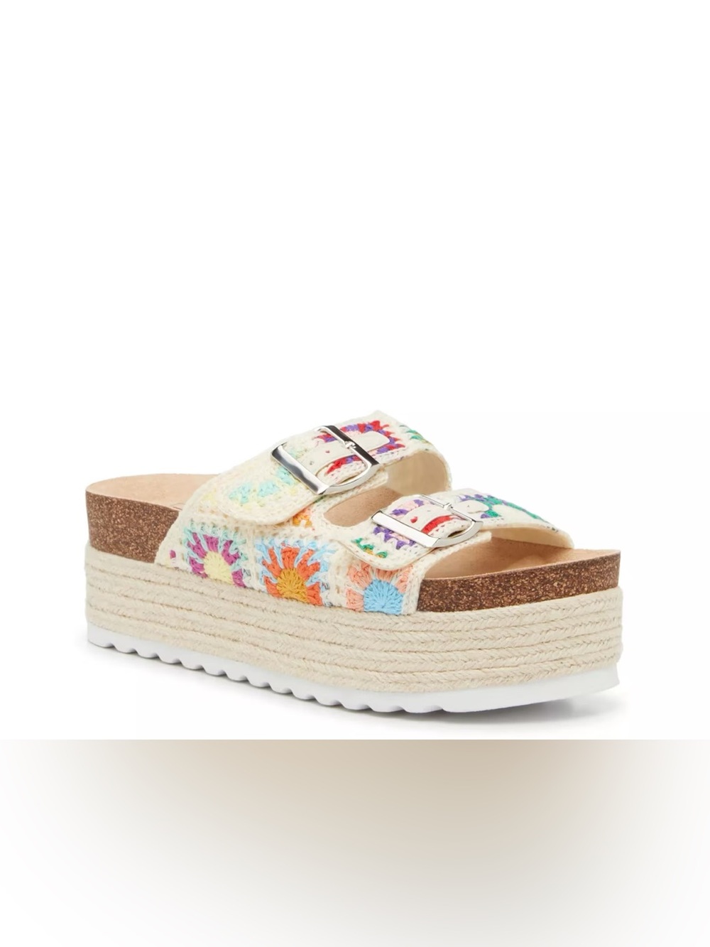 Woven Crochet Double-Buckle Platform Slide Sandals - Cream Multicolor